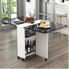 Ruumisäästlik mobiilne kokkupandav söögilaud 6 rattaga, mitmekülgne Drop Leaf disain, pikendatav Gateleg laud 2 avatud hoiuriiuliga tööks, õppimiseks ja söögiks - must ja valge