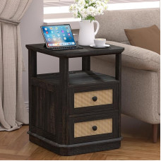 REDAYFUR küljelaud koos laadimisjaamaga, küljelaud 2 rotangist sahtliga, 24-tolline kõrge öökapp koos laadimisjaamaga, suur hoiuruum, rustikaalne puidust küljelaud elutuppa, tume rustikaalne