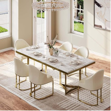 POVISON söögilaud 180 cm 6 inimesele, söögilaud, valge, kööki ja söögituppa, ristkülikukujuline söögilaud kunstmarmorist, kuldsed jalad, barokk, lihtne paigaldus, 180 x 90 x 75