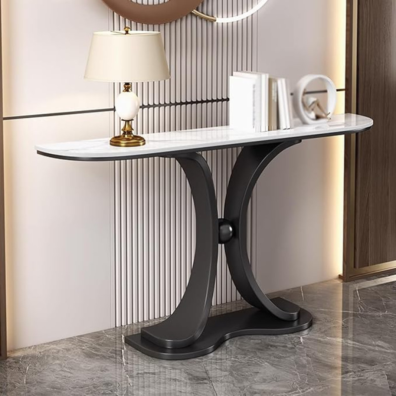 Schmaler Sofatisch - Heller, luxuriöser Konsolentisch aus Grauer Steinplatte mit schwarzem Metallrahmen, Eingangs- und Wohnzimmermöbel, Foyertisch (100 x 30 x 80 cm)