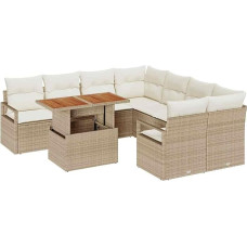 Rantry 9-teiliges Garten-Sofa-Set mit Kissen Beige Poly Rattan Akazie, 2-Sitzer Garten-Sofa mit Kissen Beige Poly Rattan Gartenlounge Model3349693
