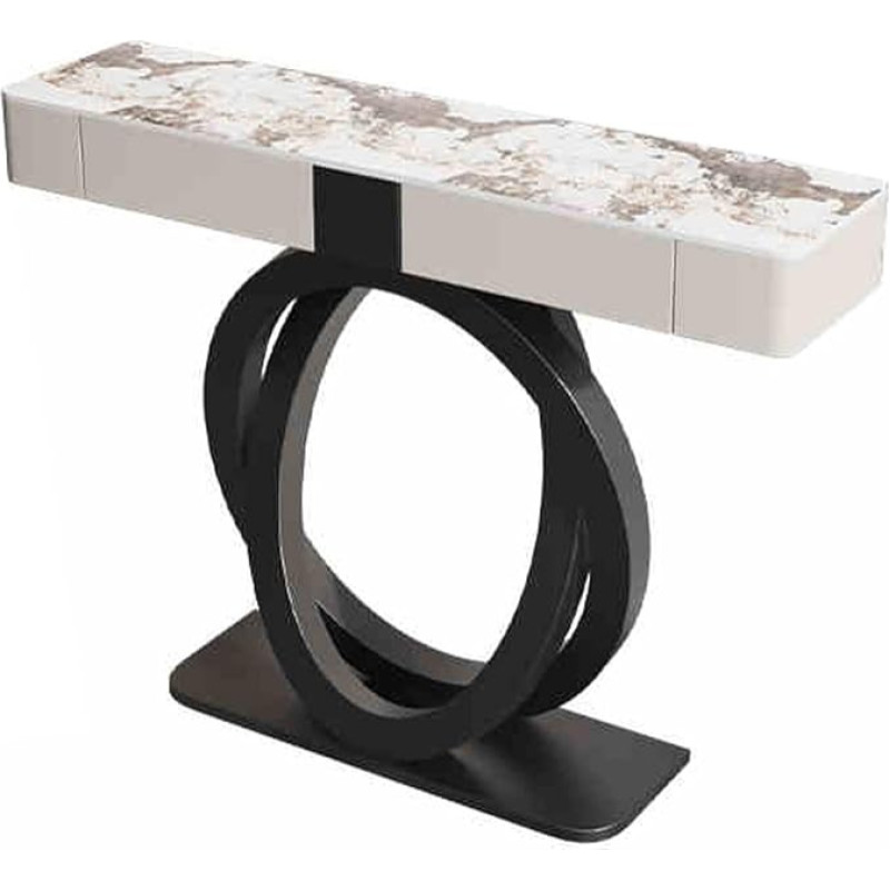 Schmaler Konsolentisch mit 2 Schubladen für den Eingangsbereich - Stilvoller weißer Sofatisch mit doppeltem runden Metallfuß, schicke Flurmöbel für Wohnzimmer und Eingangsbereich (80 cm)