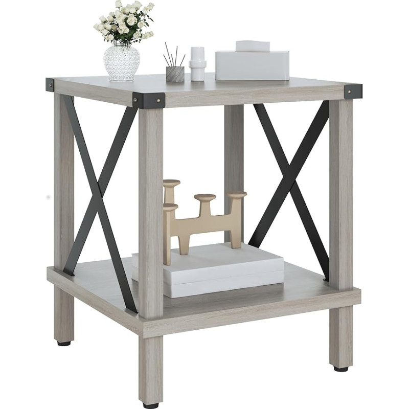 Großer Beistelltisch, Bauernhaus-Beistelltisch, Industrie-Stil, Sofatisch, Couchtisch, Metall, X-Holz, Akzent-Beistelltisch, Nachttisch mit Ablage, für Wohnzimmer, Schlafzimmer, Eichengrau