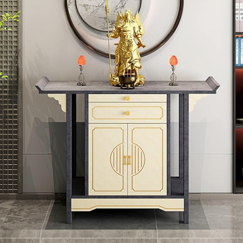 Weißer Altartisch mit Aufbewahrungsschrank, Meditationsschrein & Puja-Tisch, ausziehbares Aufbewahrungsbrett, 120 x 98 cm für Häuser, Tempel & Ahnenhallen