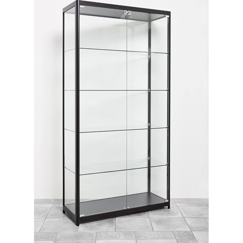 Klaasist vitriinkapp LED-valgustusega B 100 x K 198 x T 40 cm Must alumiiniumprofiilidega vitriinkapp 5 tasandiga Lukustatav kvaliteetne vitriinkapp ESG turvaklaasiga