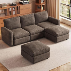 Guyii modulaarne nurgadiivan, mis on valmistatud pehmest veluurkangast pruunis, nurgadiivan koos tugitooli ja hoiuga jalalauas, mugav diivan elutuppa, kaasaegne diivan, mitmekülgne diivan ja diivanid