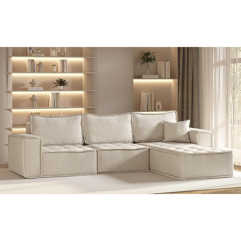 Kaiser Möbel, Boho L Maxi nurgadiivan, disainer L-kujuline diivan, kaasaegne disain diivan, polsterdatud nurgas, vabalt seisev, kangas Raven Champanger Right