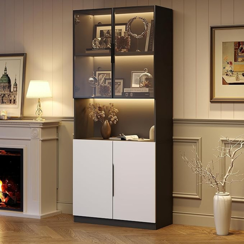 Kaasaegne minimalistlik vitriin klaasustega, LED-valgustusega vitriin, raamatukapp kollektsioonidele, reguleeritav värvitemperatuur ja heledus, valged uksed mustade kaunistustega (80 x 30 x 200