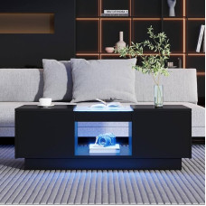 KOMHTOM kaasaegne must kõrge läikega väike kohvilaud koos LED küljelauaga elutoa laud klaasist lauaga (must)