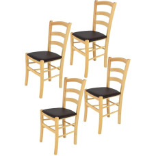 Tommychairs - 4 Venetsia tooli köögi- ja söögitoa komplekt, vastupidav struktuur lakkitud pöögipuidust naturaalses värvitoonis ja moka värvi kunstnahaga polsterdatud iste