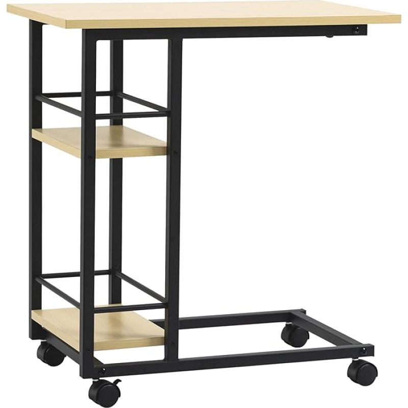 HOMCOM ratastega küljelaud C-kujuline küljelaud diivanvoodile 2 riiuliga ja piduritega magamistoas elutoas kaasaegses stiilis 60 x 34,5 x 64,5 cm naturaalne