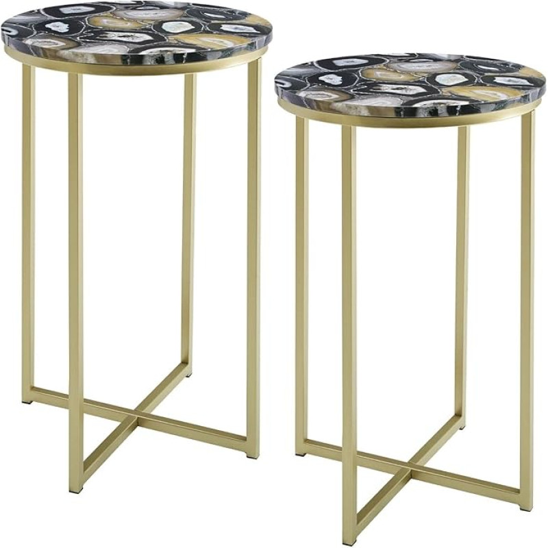 URBNLIVING 2 musta ja kuldse marmori efektiga küljelaua komplekt