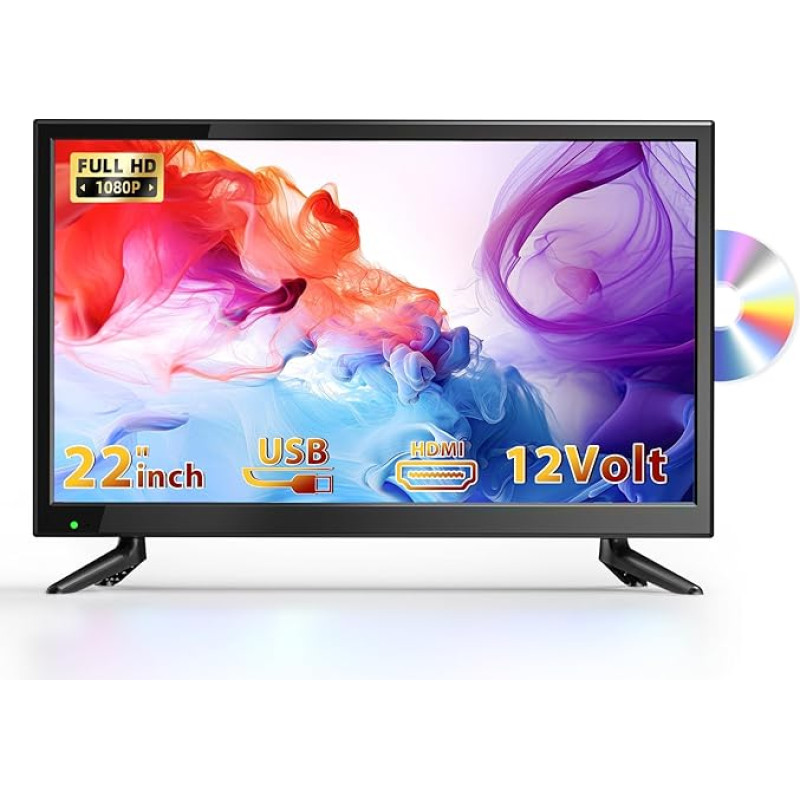 DESOBRY Uued uuendused 22-tolline väike teler 1080P integreeritud DVD-mängija, mini TV DVB-T2 tuuner, antenniga, HDMI / USB sisend 12V TV DVD kombinatsioon matkaautodele, köökidele ja väikestele ruumidele