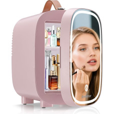 Enventor Mini Fridge 4L/6 Cans, Cosmetic Fridge with Dimmable LED Light Mirror, AC + 12V DC, Cooler & Warmer for Bedroom, Home, Car/Skin Care and Food, Pink