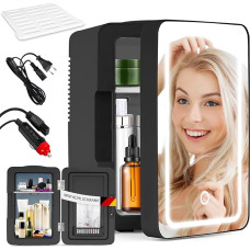 Mini Fridge 6 L - Refrigerators Small 12 V 230 V Runs Quiet with Mirror and LED Lighting - Skincare Fridge for Cosmetics Beauty Care Cosmetics Fridge Ideal for Car (Black)