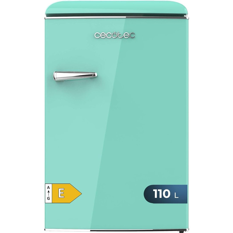 Cecotec Mini Retro Kühlschrank mit 110 L Bolero CoolMarket TT Origin 110 Grün E. Mini-Kühlschrank, Klasse E, ICEBOX, LED-Innenbeleuchtung, Chromgriff, Glasablagen, Flaschenöffner, Grün.