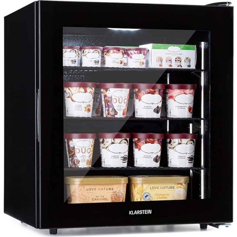 Klarstein IceAge Freezer - Freezer with Glass Front, Thermostat with 5 Levels, 0 to -18 °C, Height Adjusting Feet, Steel Housing, Energy Efficiency Class E, 3 Shelves, 88 Litres