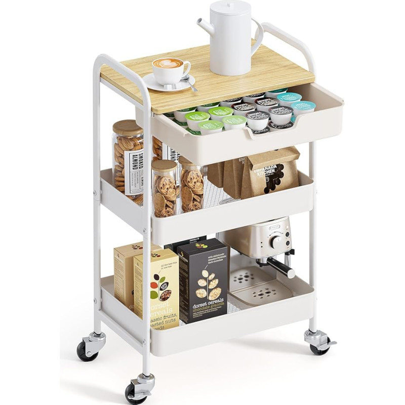KINGRACK 3-astmeline laudadega hoiukäru, multifunktsionaalne metallist käru kööki, koju, kontorisse, kreemikas värvus