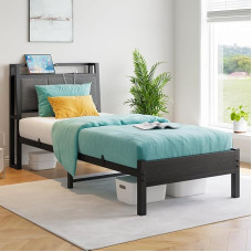 FOUBAM metallist voodiraam 90 x 200 cm koos laadimisjaamaga, ergonoomiline vastupidav metallist voodi puidust kangast hoiustatava peatsiga, külalisvoodi, noortevoodi, üheinimesevoodi raam, metallist lamellidega raam, must