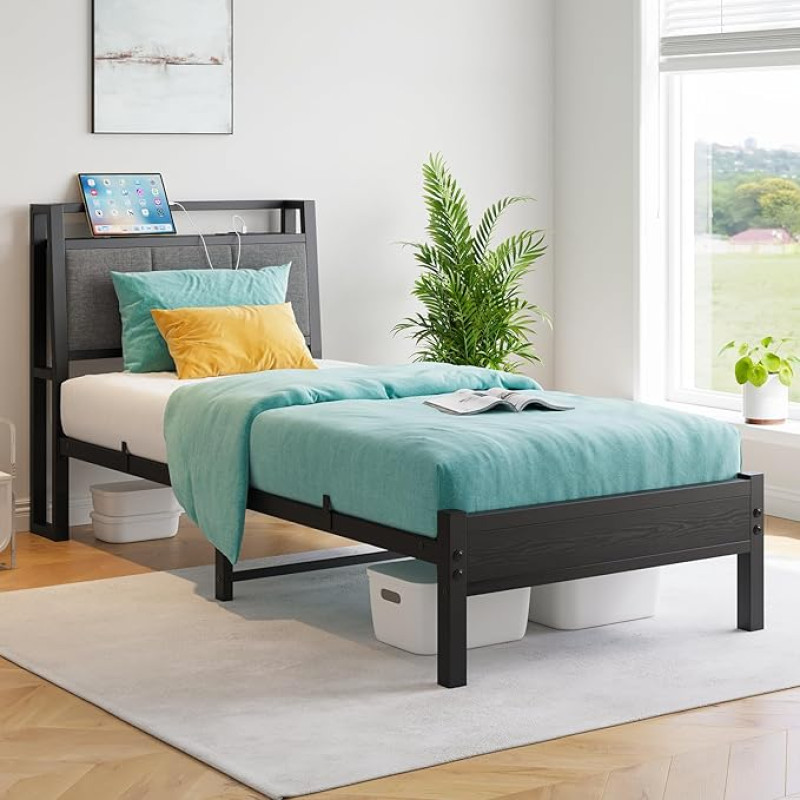 FOUBAM metallist voodiraam 90 x 200 cm koos laadimisjaamaga, ergonoomiline vastupidav metallist voodi puidust kangast hoiustatava peatsiga, külalisvoodi, noortevoodi, üheinimesevoodi raam, metallist lamellidega raam, must