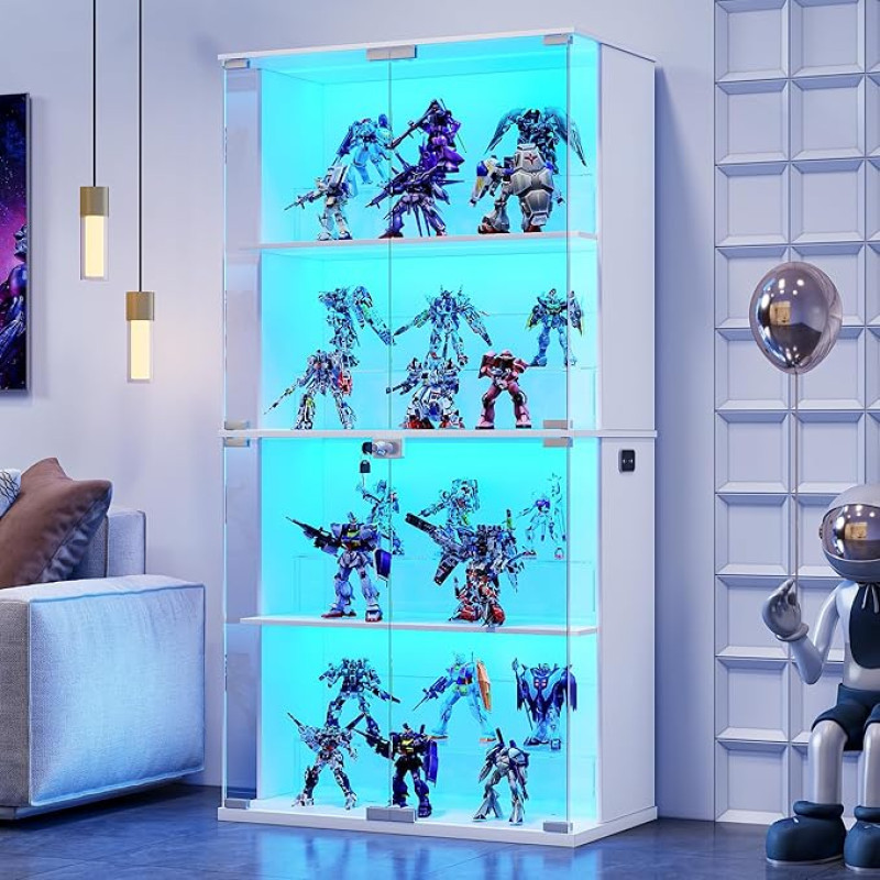 Lvifur LED-valgustusega vitriinkapp ja klaasuksed kollektsioonidele, veinile, 35 x 70 x 168 cm, 4-kihiline klaasist vitriinkapp intelligentsete sensoritega elutuppa, magamistuppa, valge