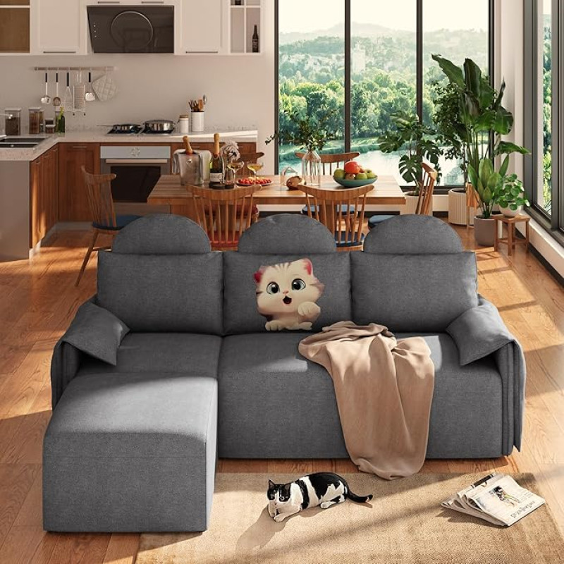 Meeyar nurgadiivan, magamisfunktsiooniga diivanvoodi, koos tugitooli ja eemaldatavate kattedega, kahepoolne padi, lühike kuhjaga diivan L elutuppa, magamistuppa, korterisse (208 x 152 x 104 cm)