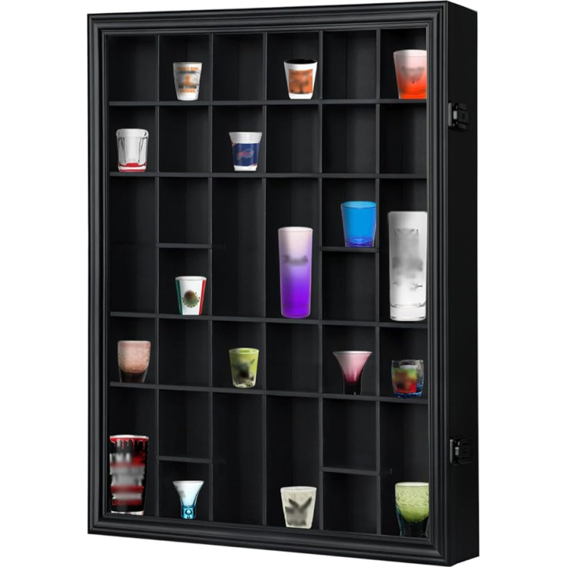 Odjaraye Shot Glass Display Case, 34 Shot Glass Holder, Display Case for Wall, Shot Glass Shelf, Organizer Display Case, lukustatav 98% UV-kaitsega, akrüüluks ja eemaldatav riiul, must