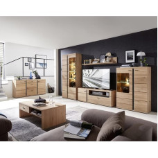 Lomadox kaasaegne elutoa komplekt, mis sisaldab küljepaneeli ja kohvilauda, mille esipaneelid ja valgustid on puidust ja mattmustad