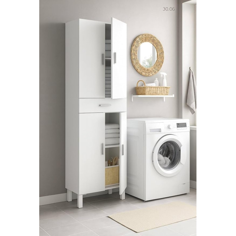 Dmora - Oxnard mitmeotstarbeline kapp vannituppa või pesuruumi, 4 ukse ja 1 sahtliga, mitmeotstarbeline kingakapp, 60 x 29 x 182 cm, läikiv valge