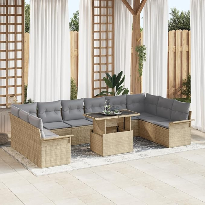 Rantry 11-teiliges Garten Sofa Set mit Kissen Beige Poly Rattan Gartenlounge Model3348356