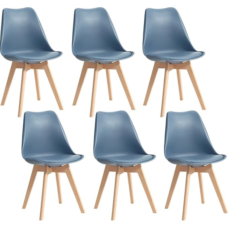 TTATC söögitoa toolid 6-st komplekt, täispuidust pöögijalad, retro köögitoolid, pehmendatud istmega puidust toolid, mereväe sinine värvus