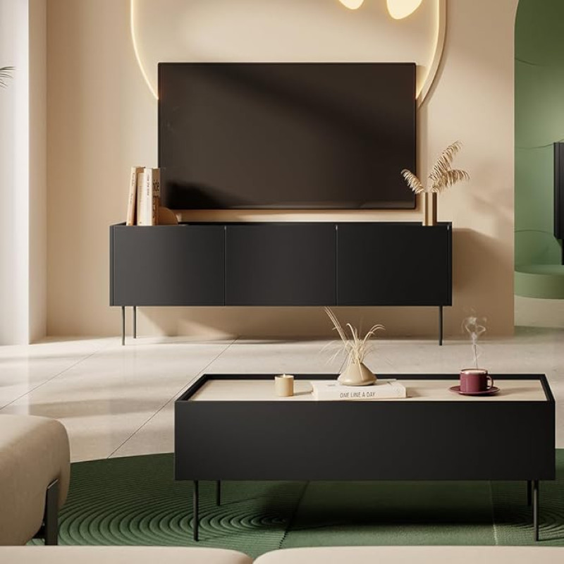 Kodumööblikomplekt elutoa seinakapp, must matt tamme värvi, 2-osaline koos kohvilaudadega, madallaud, kaasaegne, käepidemevaba