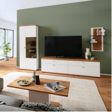 Elutoa mööblikomplekt, valge ja tamme värvi, 4 tk, moodne, 1 vitriinkapp, 1 madallaud, 1 seinariiul, 1 kohvilaud