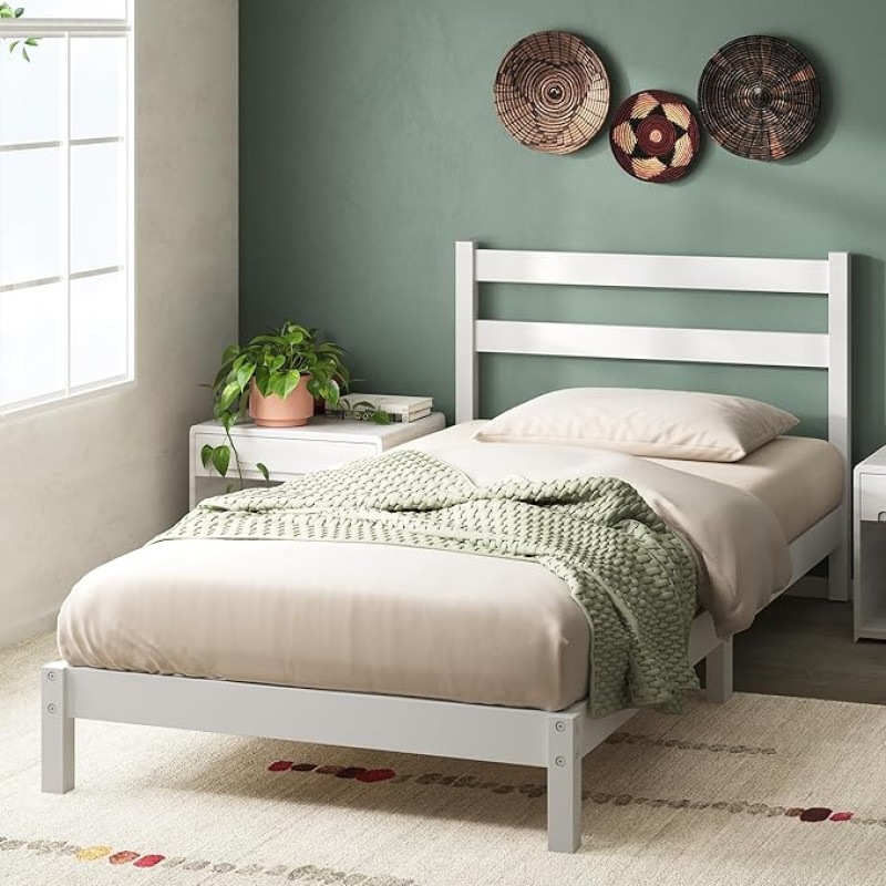 Zinus Robin Bed 80 x 190 cm - voodiraam 20 cm kõrge - platvormvoodiraam jätkusuutlikust bambusest koos peaplaadiga - valge