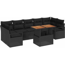 8-teiliges Garten Sofa Set mit Kissen Schwarz Poly Rattan Akazie, 2-Sitzer Garten Sofa mit Kissen Schwarz Poly Rattan Gartenlounge Model3349680