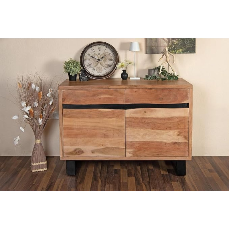 SAM Kyoto I Sideboard, täispuidust akaatsiapuu ja naturaalne värv, 2 ukse ja sahtlitega kapp, U-kujulise kelkude alusega puidust kapp, 120 x 40 x 70 cm.