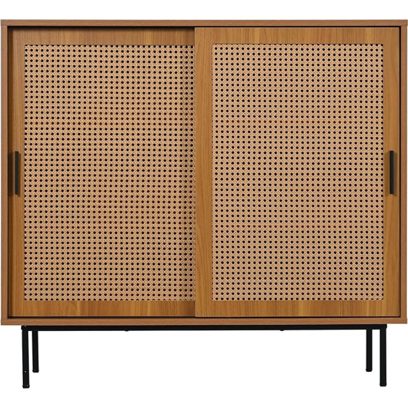 muenfly Kommode Sideboard mit 2 Schiebetüren, Buffetschrank im Landhausstil mit verstellbaren Einlegeböden für Wohnzimmer, Esszimmer und Flur, 100x90x37 cm