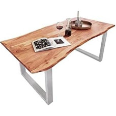 SAM B-Ware Mundra söögilaud 200 x 100 cm Akaatsiapuidust tahvellaud massiivne + naturaalset värvi U-metallist raam hõbedane söögilaud ehtsa tahvli servaga