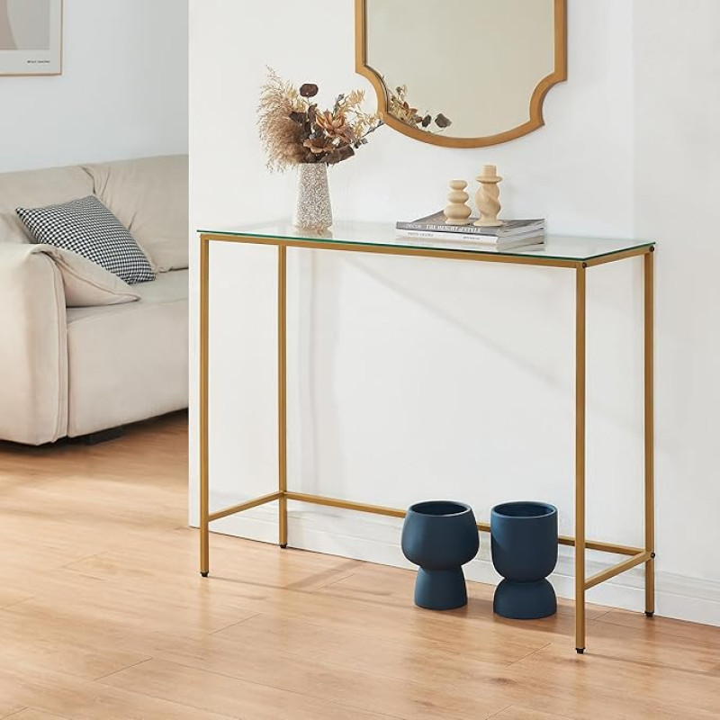 [en.casa] Konsolentisch Kronoby Flurtisch mit Metallgestell Glasplatte rechteckig Ablagetisch Regal 100 x 30 x 80 cm Goldfarben/Klarglas