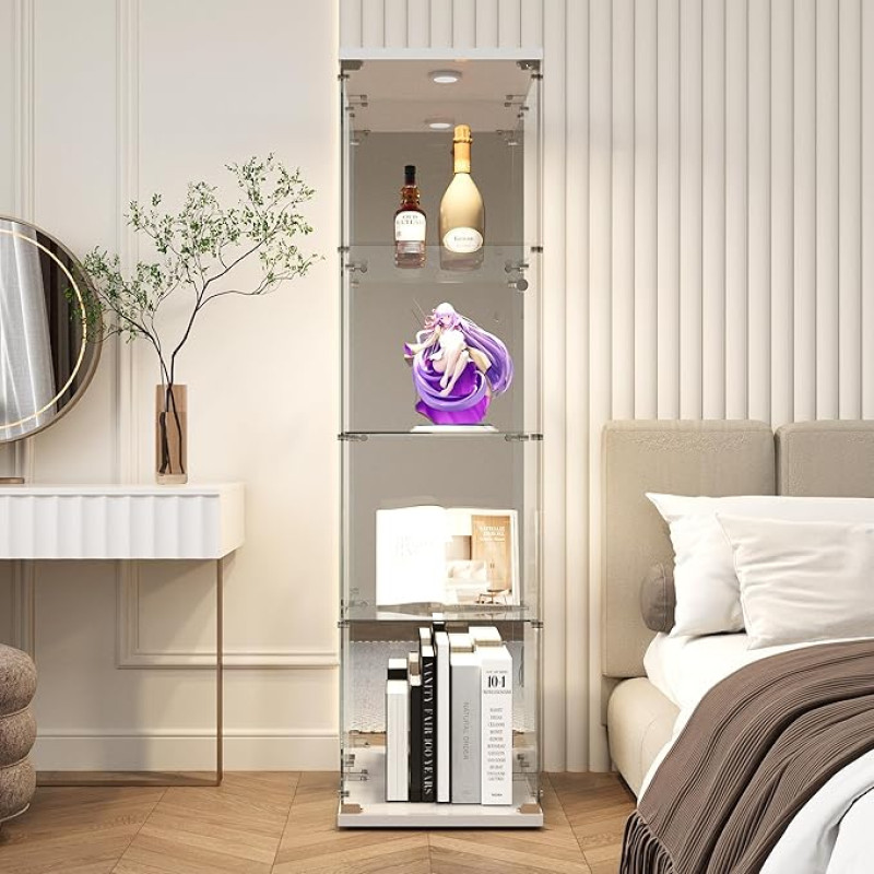 YYXLDYNB Klaasist vitriinkapp - 4 riiulit LED ekraanikapp koos ukse ja lukuga Klaasist hoiukapp alusele Klaasist vitriinkapp kollektsiooni jaoks Karastatud klaas 42 x 36 x 164 cm peegel viimistlusega valge