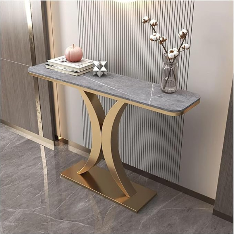 JCWGLY Konsolentisch Moderner Eingangstisch Mit Sintersteinplatte, Konsolentisch Für Die Inneneinrichtung, Schmaler Sofatisch Für Foyers, Flure Und Wohnzimmer(Gold 2,120cm/47.2in)