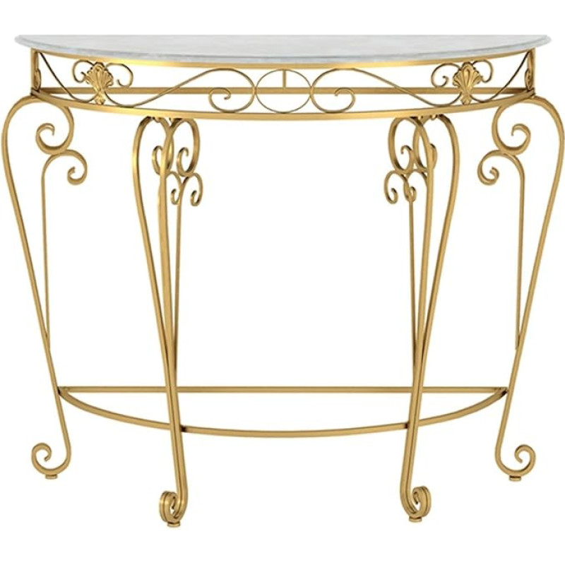 Eleganter Halbmond-Konsolentisch mit Kunstmarmorplatte, Felsplatten und Metallbeinen mit Schnörkeln - schmaler Sofatisch für Wohnzimmer, Flur und Eingangsbereich (Gold, 60 x 70 cm)