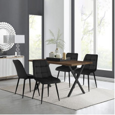 TUKAILAI söögilaud koos 4 tooliga, ristkülikukujuline köögilaud puidust X-kujuliste metalljalgadega ja 4 sametist söögitooliga, must kööki, söögituppa, elutuppa (laud 120 cm,