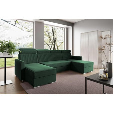 LIKMA Bottle Green Neli U-kujuline nurgadiivan 274 x 162 cm magamisfunktsiooniga (254 x 125 cm) nurgadiivan voodikastiga ja reguleeritavate peatugedega Elu maastikuline diivan 2 x panipaigaga polsterdatud