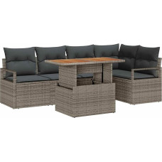 Rantry 6-teiliges Garten Sofa Set mit Kissen Grau Poly Rattan Akazie, 2-Sitzer Garten Sofa mit Kissen Grau Poly Rattan Gartenlounge Model3349712