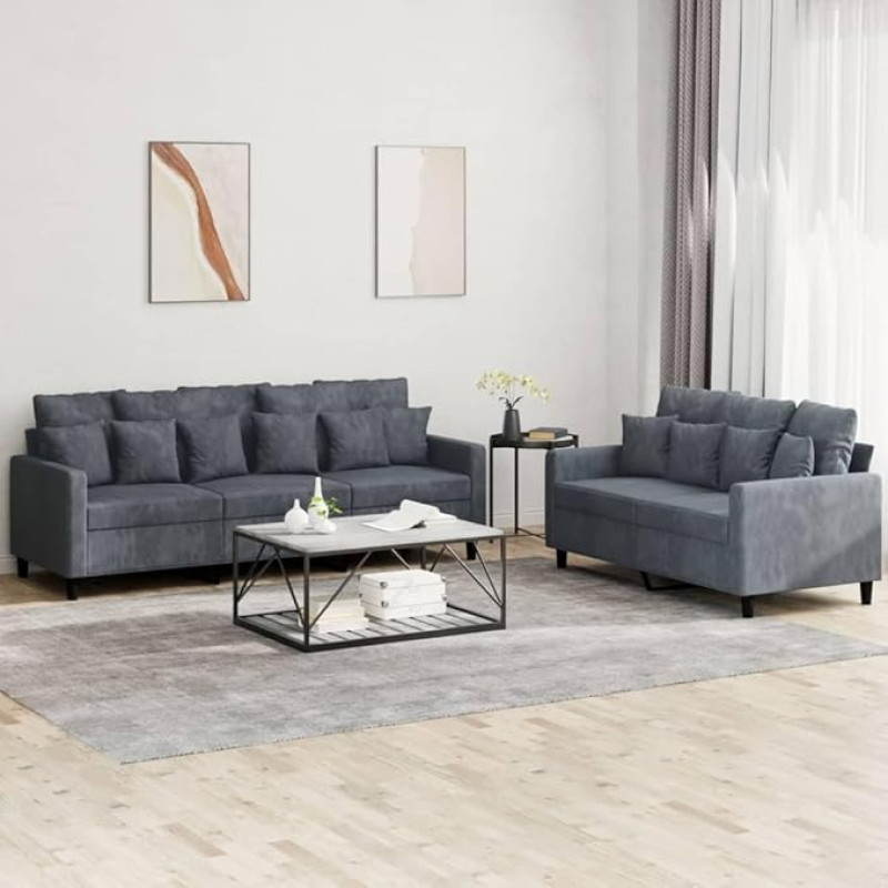 Qnhdfrt 2+3 Sitzer Sofagarnitur Dunkelgrau Samt mit Kissen Bequeme Couch für Wohnzimmer Lounge