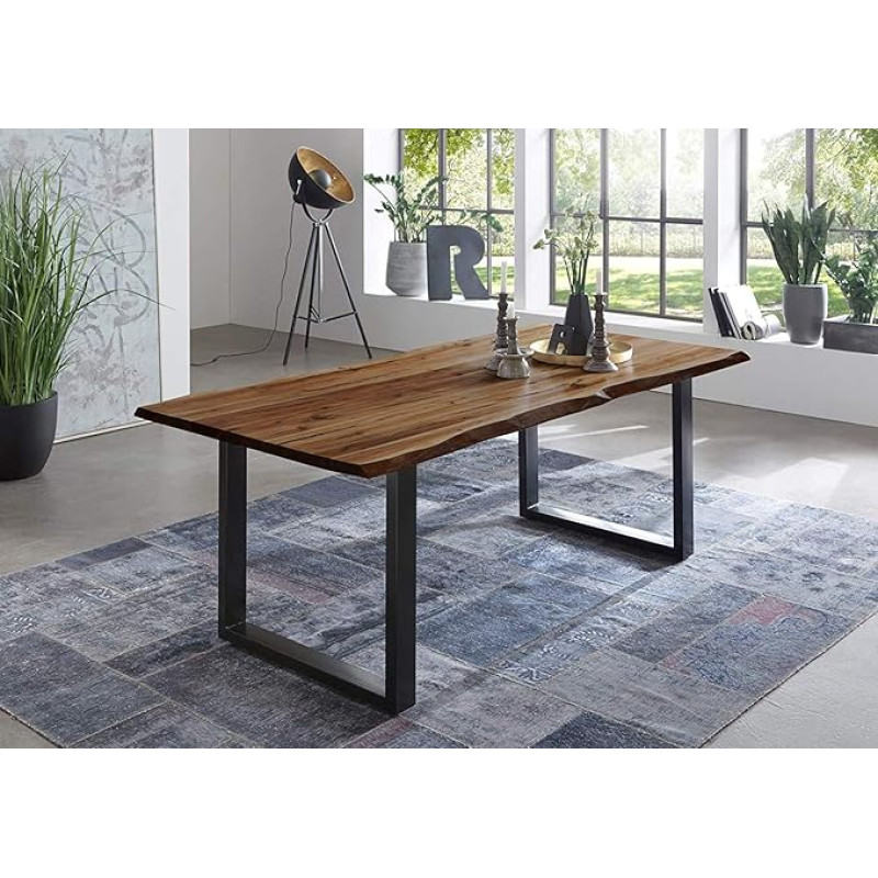 junado Indira Wane laud 200 x 100 cm Pähklipuu värvi akaatsiapuidust laud musta värvitud jalgadega