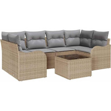 Rantry 7-teiliges Garten Sofa Set mit Kissen Beige Poly Rattan, 2-Sitzer Garten Sofa mit Stauraum & Kissen Beige Poly Rattan Gartenlounge Model3354269