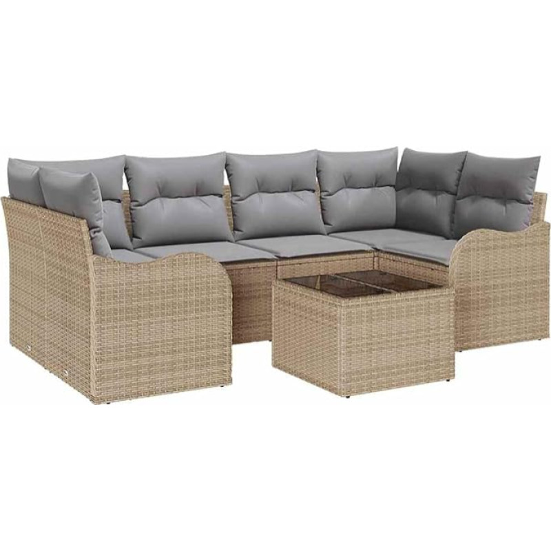 Rantry 7-teiliges Garten Sofa Set mit Kissen Beige Poly Rattan, 2-Sitzer Garten Sofa mit Stauraum & Kissen Beige Poly Rattan Gartenlounge Model3354269