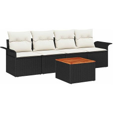 Rantry 5-teiliges Garten Sofa Set mit Kissen Schwarz Poly Rattan Akazie, 2-Sitzer Garten Sofa mit Stauraum & Kissen Schwarz Poly Rattan Gartenlounge Model3355926
